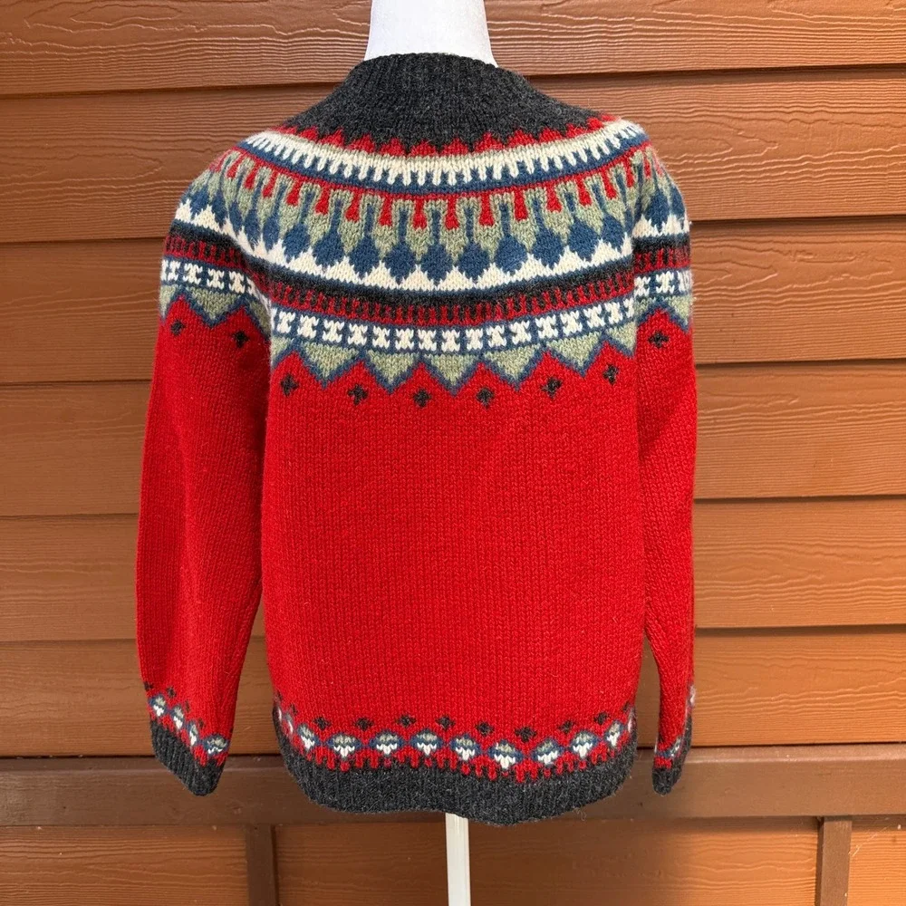 Eddie Bauer Fair Isle Wool Sweater Womens S Red Nordic Crew Neck Heavy Knit